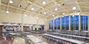 large school cafeteria with large windows